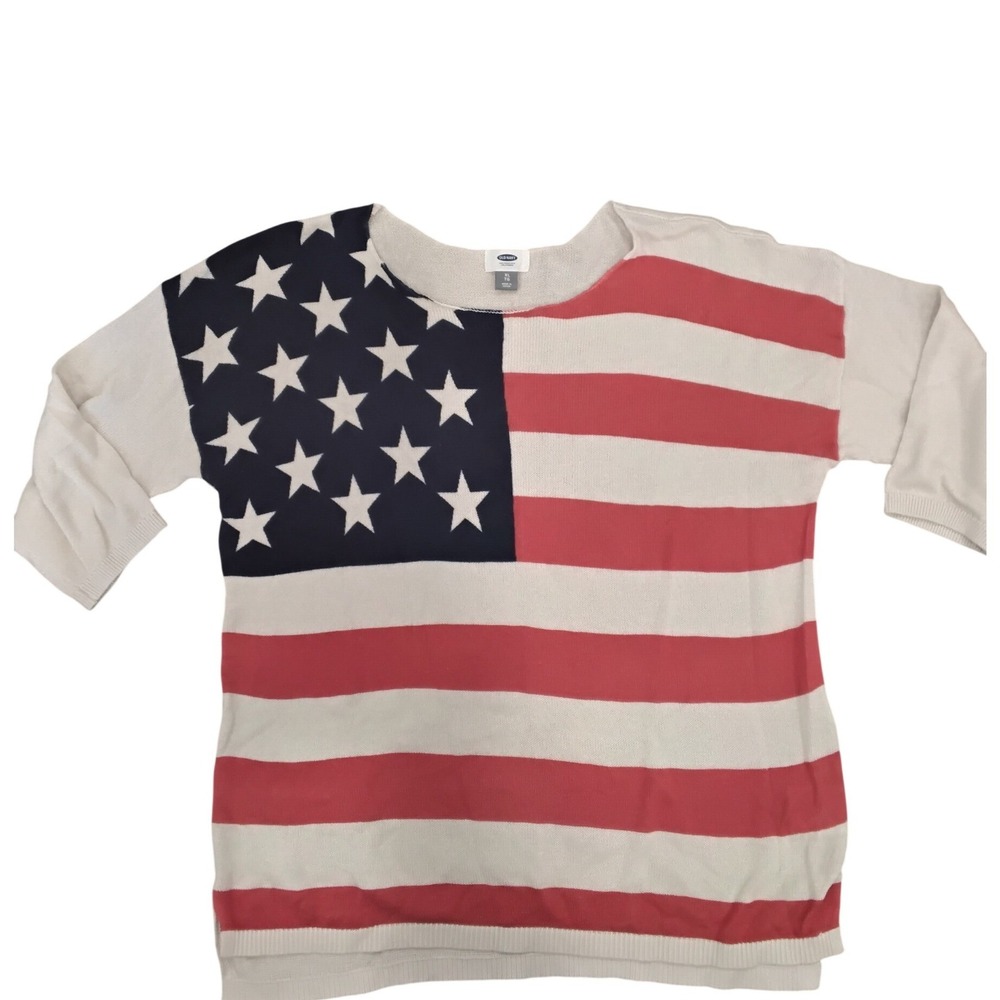 Old Navy American Flag Knit Sweater XL Red White Blue Stars Stripes 3/4 Sleeve